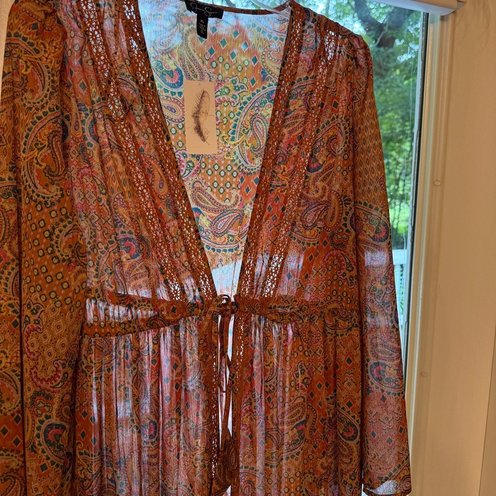 Jessica Simpson Sheer Paisley Maxi Dress in Rust and Blue - Picture 2 of 8